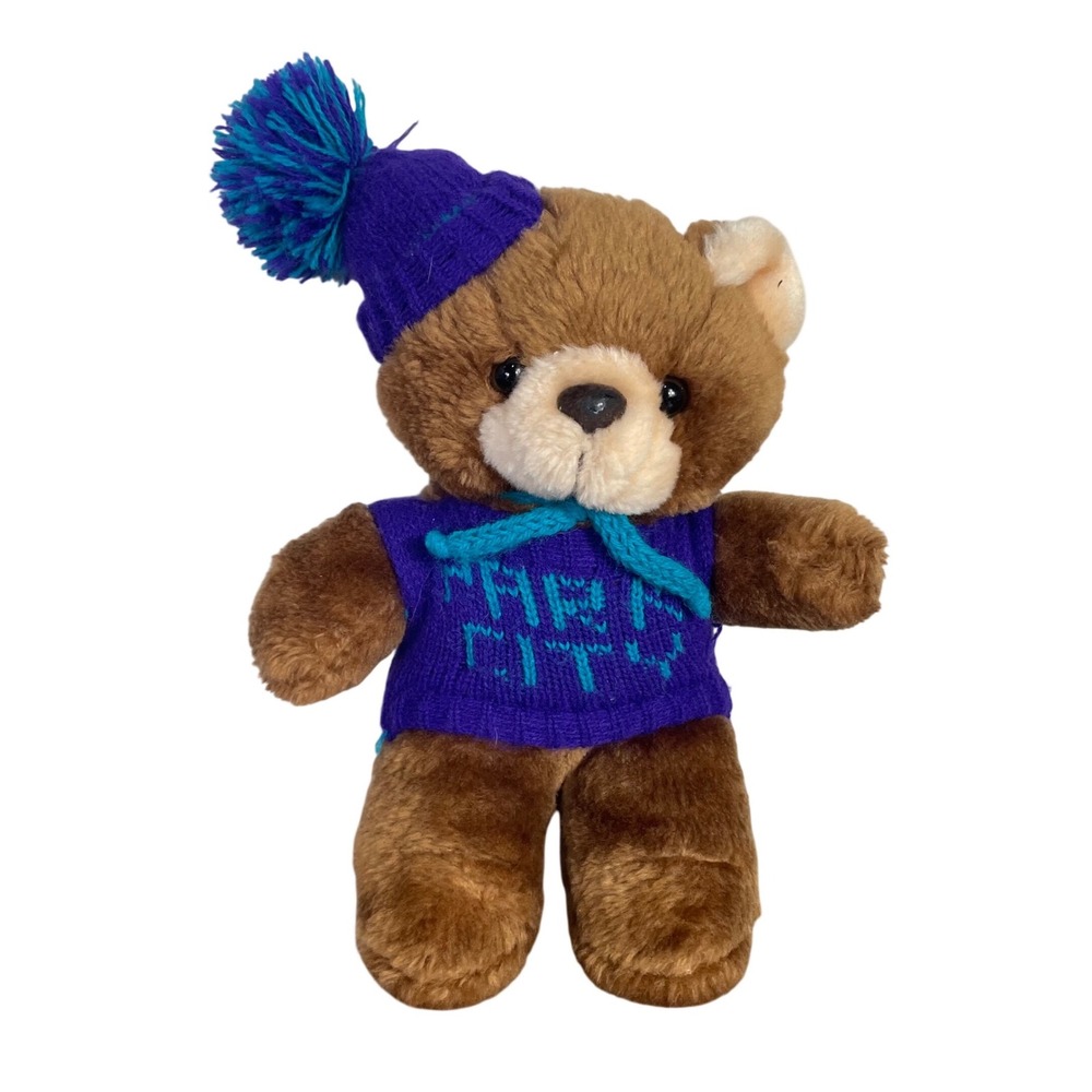 Vintage 1991 Acme Park City Utah‎ Teddy Bear Plush Purple Sweater Beanie 90s